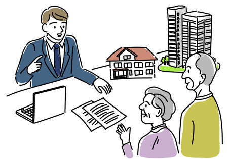 Simple line drawing illustration of a contractor explaining real estateのイラスト素材