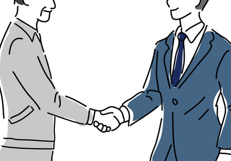 Simple line drawing of a man in work clothes shaking hands and a man in a suit (faceless)のイラスト素材