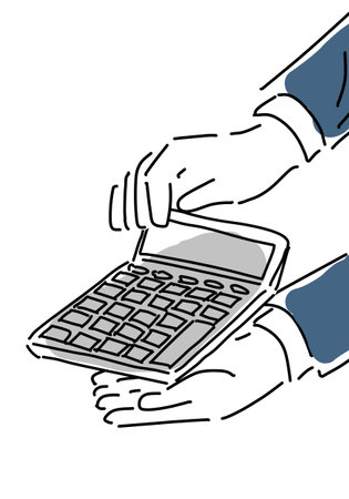 Simple line drawing of male hand presenting amount on calculatorのイラスト素材