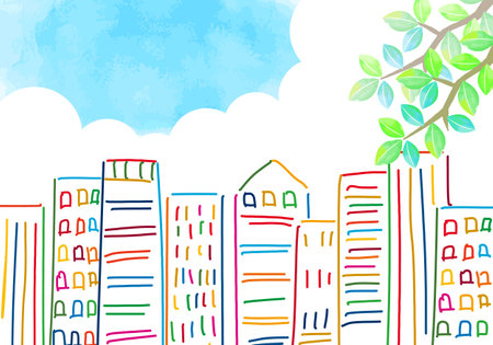 SDGs 17 color cityscape line drawing, trees and blue skyのイラスト素材