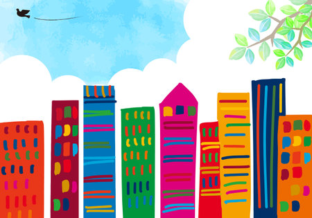 SDGs 17 colors cute cityscape and watercolor green and skyのイラスト素材