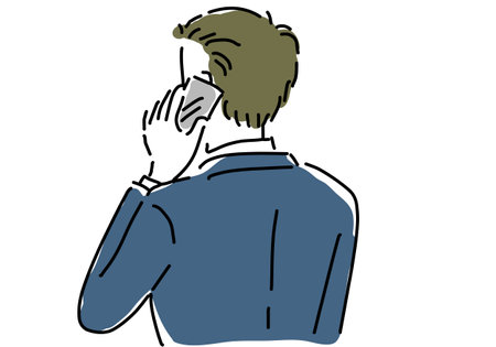 Simple line drawing of the back view of a man calling with his smartphoneのイラスト素材