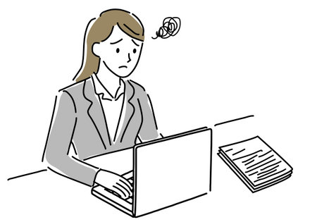 Simple line drawing of a female employee in trouble and a laptop PCのイラスト素材