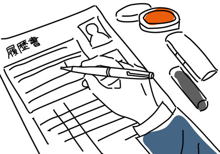 Simple line drawing in the hands of a man writing a resumeのイラスト素材