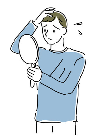 Simple line drawing of a man looking in the mirror and worrying about his hairのイラスト素材