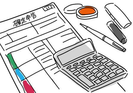 A simple line drawing of a tax return, a calculator, a seal, and a penのイラスト素材
