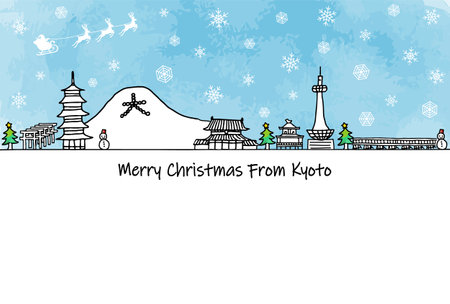 Christmas cards with Santa Claus and tourist spots in Kyotoのイラスト素材