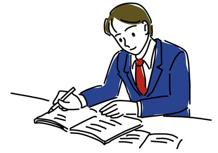 Simple line drawing of a male student studying for an examのイラスト素材