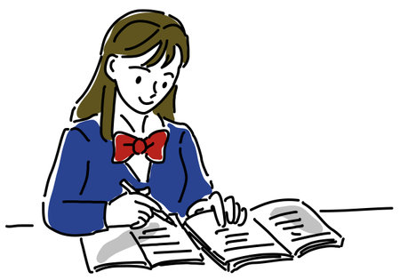 Simple line drawing of a female student studying for an examのイラスト素材