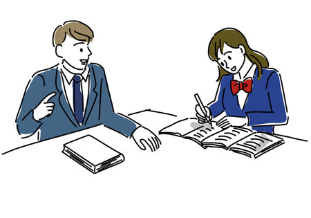 Simple line drawing illustration of a female student and teacher studyingのイラスト素材