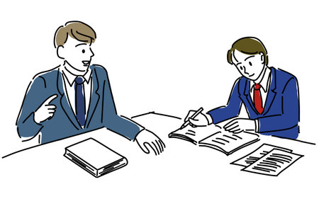 Simple line drawing illustration of a male student and teacher studyingのイラスト素材