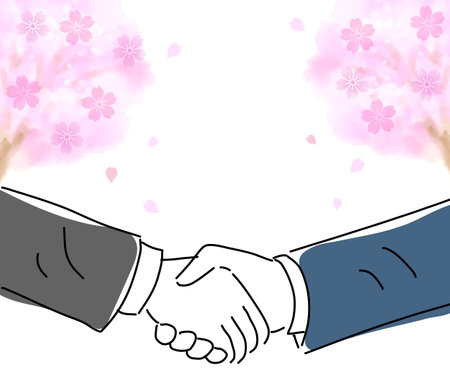 Passing handshake and cherry blossom simple line drawingのイラスト素材