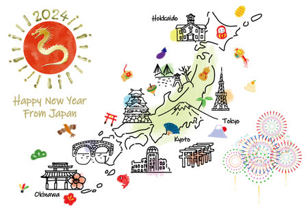 Illustrated map of tourist spots in Japan New Year's cards 2024の写真素材