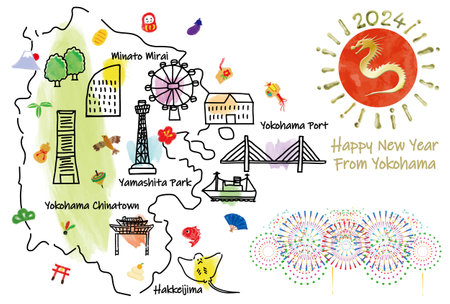 Illustrated map of sightseeing spots in Yokohama New Year's card 2024の写真素材
