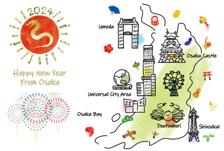 Illustrated map of sightseeing spots in Osaka New Year's cards 2024の写真素材