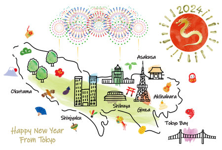 Illustrated map of sightseeing spots in Tokyo New Year's cards 2024の写真素材