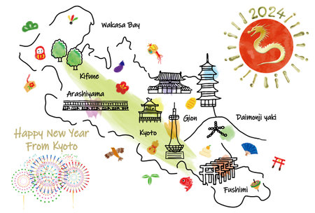 Illustrated map of sightseeing spots in Kyoto New Year's cards 2024の写真素材