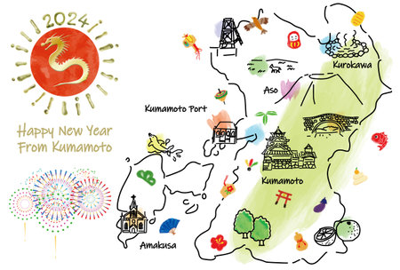 Illustrated map of tourist spots in Kumamoto Prefecture New Year's card 2024の写真素材
