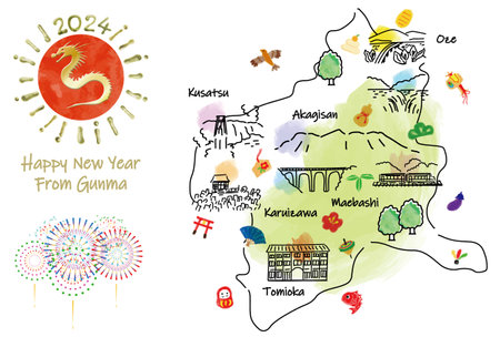 Illustrated map of tourist spots in Gunma Prefecture New Year's card 2024の写真素材