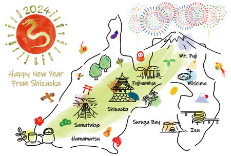 Illustration map of tourist spots in Shizuoka Prefecture New Year's card 2024の写真素材