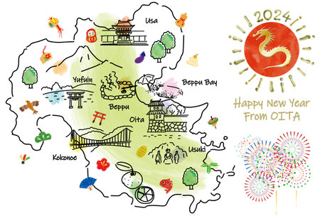 Illustrated map of tourist spots in Oita Prefecture New Year's cards 2024の写真素材