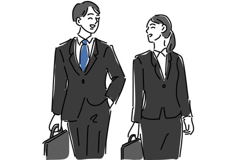 Simple line drawing of a man and a woman job hunting in a suitのイラスト素材
