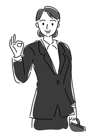Simple line drawing of a woman in a suit during job hunting for an OK signのイラスト素材