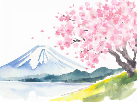 Japan watercolor painting of cherry blossoms and Mt. Fuji in spring (generative AI)の素材