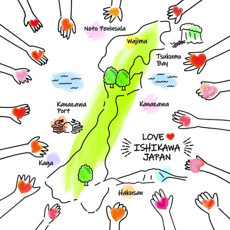 A map of Ishikawa Prefecture and the hands of people who give loveのイラスト素材