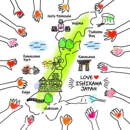A map of tourist spots in Ishikawa Prefecture and the hands of people who give loveのイラスト素材