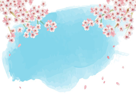 Watercolor Japanese style discreet cherry blossom and blue sky frameのイラスト素材