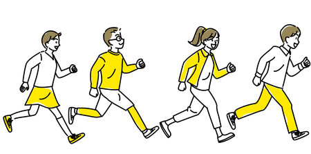 Simple line drawing of elementary school boys and girls running with smilesのイラスト素材
