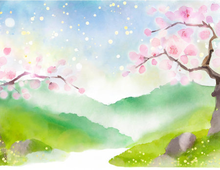 Watercolor Spring Landscape in Japan (Generative AI)の素材