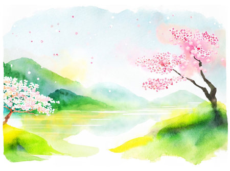 Watercolor Spring Landscape in Japan (Generative AI)の素材