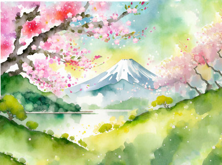 Watercolor Mt. Fuji and cherry blossoms in Japan spring landscape (generative AI)の素材
