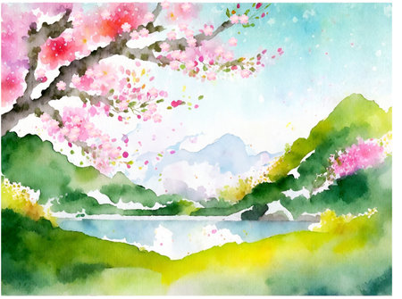 Watercolor Spring Landscape in Japan (Generative AI)の素材