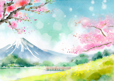 Watercolor Mt. Fuji and cherry blossoms in Japan spring landscape (generative AI)の素材