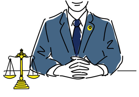 Simple line drawing of a male lawyer with his hands folded in front of the balance of justiceのイラスト素材