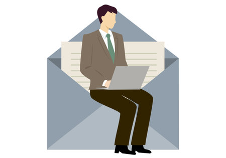 Businessman with laptop sitting in an open envelope. Vector illustration.の写真素材