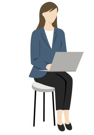 Illustration of a businesswoman sitting on a stool with a laptopの写真素材