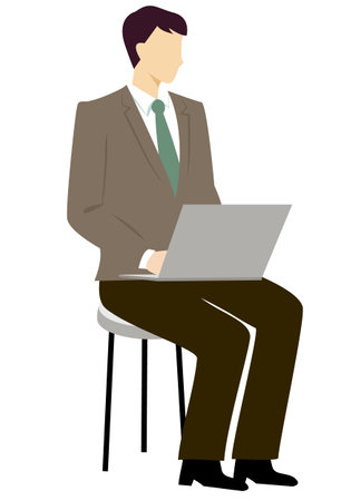 Illustration of a Businessman Sitting on a Chair with His Laptopの写真素材