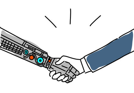 Illustration of a robot handshaking with a human hand.のイラスト素材