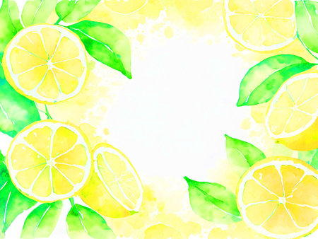 Hand drawn watercolor background with lemons and leaves. Vector illustration.の素材