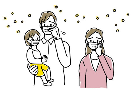 Illustration of a family wearing masks due to hay feverのイラスト素材