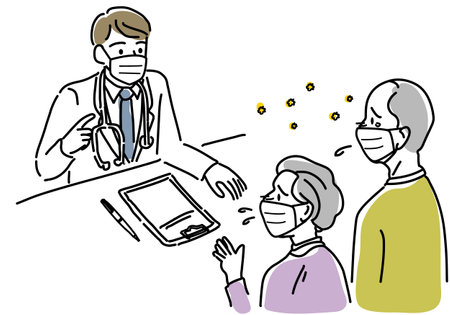 Illustration of a doctor giving a consultation to an elderly man and woman.のイラスト素材