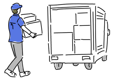 Movers transporting goods onto a truck hand drawing illustrationのイラスト素材