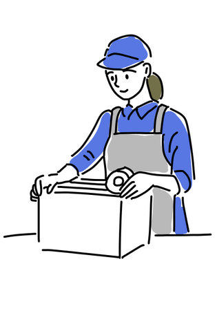 Vector illustration of a woman worker in uniform packing a cardboard box.のイラスト素材