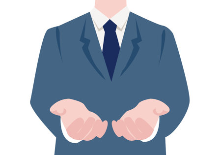 This is an illustration of a businessman in a business suit, showing his hands.のイラスト素材