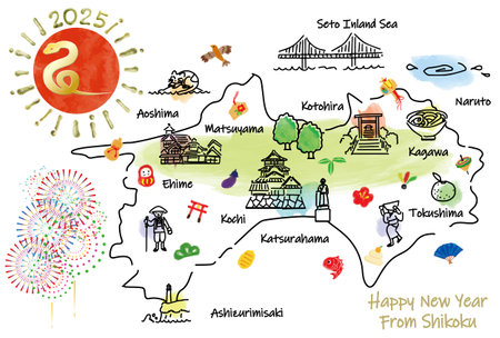 SHIKOKU Japan travel map with landmarks and symbols. Hand drawn vector illustration.の写真素材