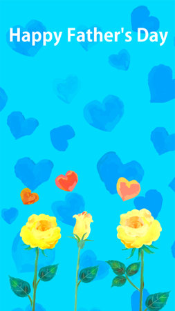 Happy Father's Day greeting card with yellow roses and hearts on blue backgroundの写真素材